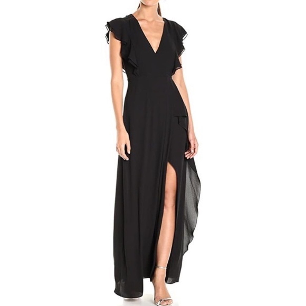 BCBG MAXAZRIA Callie Black Ruffle Sleeve Maxi Dress